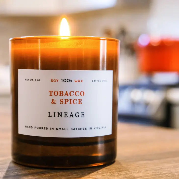 spiced tobacco candle & Spice blended with dried botanicals then hand poured into an artisan Vanilla Pipe Tobacco Candle |