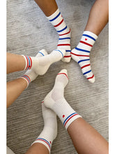 Load image into Gallery viewer, LE BON SHOPPE EMBROIDERED STRIPED BOYFRIEND SOCK || RED BLUE + HEART
