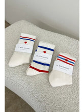 Load image into Gallery viewer, LE BON SHOPPE EMBROIDERED STRIPED BOYFRIEND SOCK || RED BLUE + HEART
