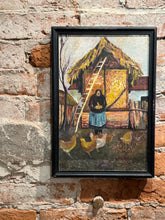 Load image into Gallery viewer, WOMAN FIGURE FEEDING CHICKENS, OIL PAINTING
