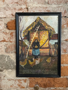 WOMAN FIGURE FEEDING CHICKENS, OIL PAINTING