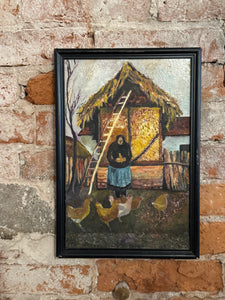 WOMAN FIGURE FEEDING CHICKENS, OIL PAINTING