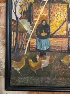 WOMAN FIGURE FEEDING CHICKENS, OIL PAINTING