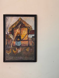 WOMAN FIGURE FEEDING CHICKENS, OIL PAINTING