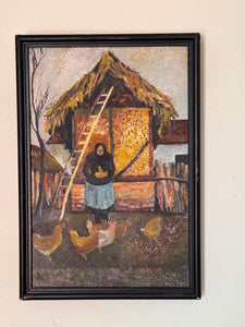 WOMAN FIGURE FEEDING CHICKENS, OIL PAINTING