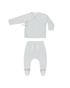 QUINCY MAE WRAP TOP + FOOTED PANT SET ||  SKY MICRO STRIPE